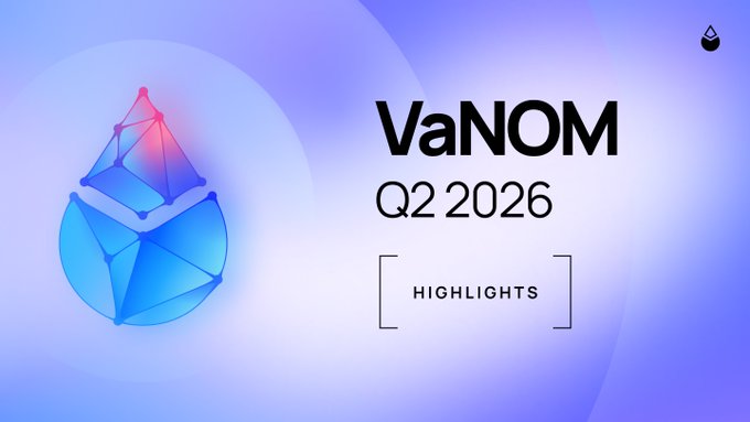 The image is a title slide featuring the VaNOM Q2 2026 Highlights, displaying a stylized blue and pink geometric water drop logo alongside the text "VaNOM Q2 2026" and "HIGHLIGHTS," serving as a visual introduction to a presentation about Lido Core's mainnet evolution and the new Decentralization Operator type within the Curated Module v2.