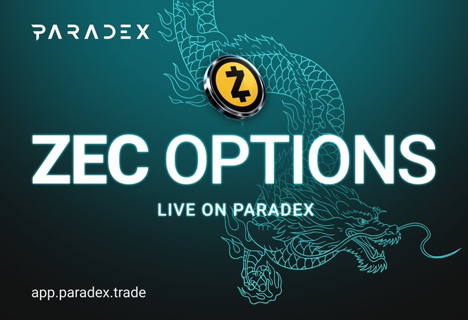 A promotional graphic for Paradex announcing 'ZEC OPTIONS LIVE ON PARADEX' with a teal dragon design and a Zcash (ZEC) coin icon.