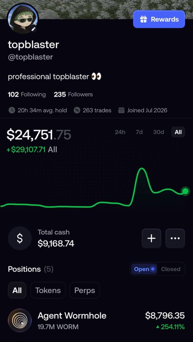 A crypto trading profile for "topblaster" (@topblaster) showing a portfolio value of $24,751.75 with +$29,107.71 all-time gains, featuring an "Agent Wormhole" position (19.7M WORM, $8,796.35, +254.11%). The image supports the post's promotion of "give back to the trenches" by showcasing impressive trading returns to attract followers to follow them on Fomo and engage with @agentwormhole for a winner-picking giveaway.