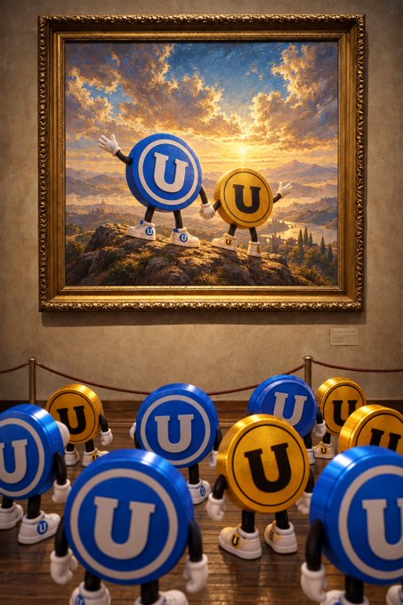 A digital artwork depicts two Unstoppable (U) coin characters in sneakers standing on a mountain peak at sunset within a framed painting, with several other blue and gold Unstoppable (U) coin characters gathered below in a gallery setting.