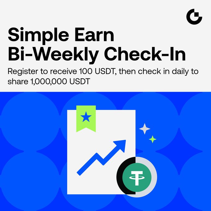 The image is a promotional graphic for "Simple Earn Bi-Weekly Check-In," featuring a chart with an upward arrow, a bookmark icon, and a USDT coin symbol, set against a blue background with sparkle accents. The post details a promotional campaign where users register to receive a 100 USDT Flexible Trial Fund, check in daily for additional rewards, and share in a 200,000 USDT prize pool based on subscription share.
