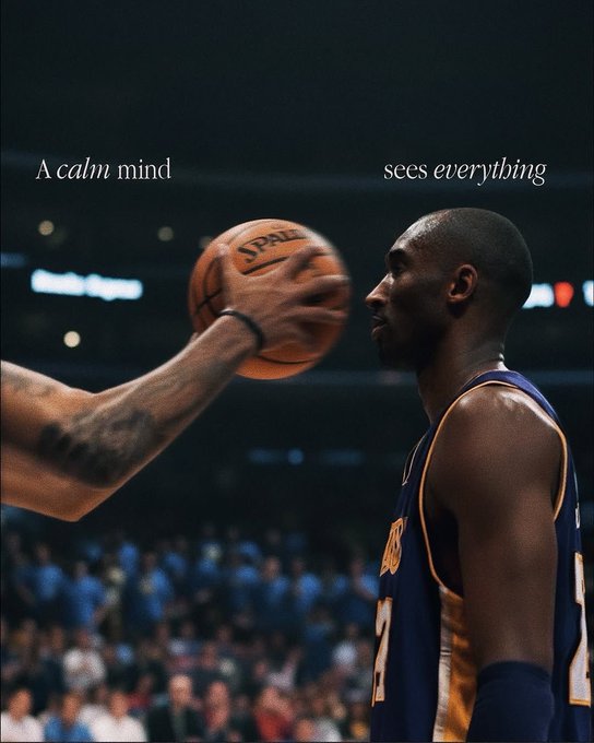 A photograph of a basketball player in a blue and yellow uniform being passed a ball, overlaid with the text "A calm mind sees everything".