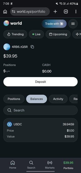 Mobile screenshot of the world.xyz/portfolio page showing a USDC position worth $39.95 with 39.9459 tokens at $1.00 each.