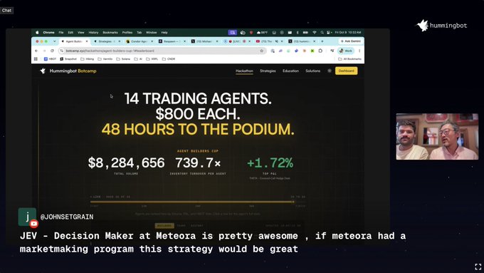 A Hummingbot stream showing '14 TRADING AGENTS. $800 EACH. 48 HOURS TO THE PODIUM.' with $8,284,656 total volume, 739.7× average trades per agent, and a chat comment about 'JEV - Decision Maker at Meteora'.