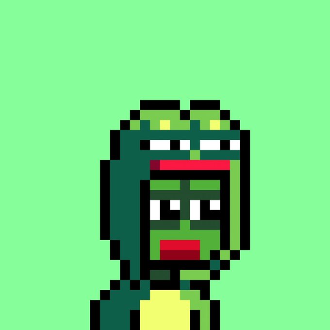 A pixel art portrait of a green frog character wearing sunglasses against a solid light green background.