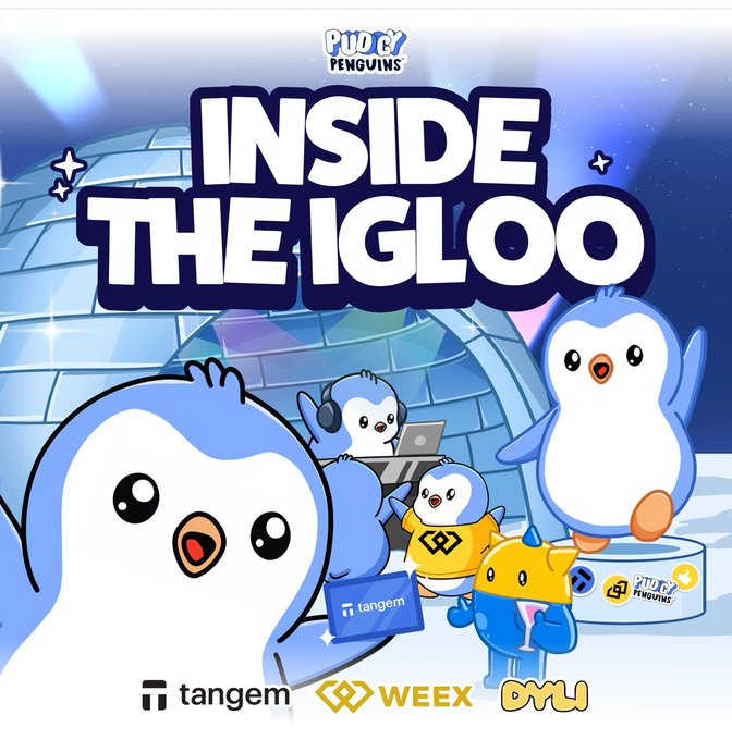 A colorful digital graphic reads 'INSIDE THE IGLOO' with 'PUCK PENGUINS' branding, featuring cartoon penguins and logos for tangem, W3EX, and OMY.
