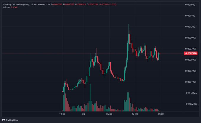 A TradingView candlestick chart for 'dunkbig/SOL on PumpSwap' showing price action with a current value of 0.0007190.