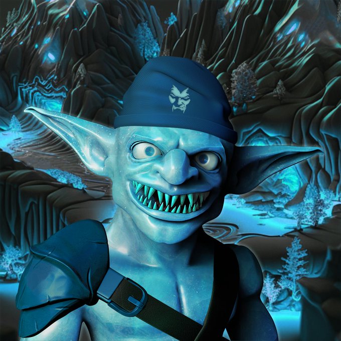 A menacing blue-skinned goblin-like creature with pointed ears, sharp teeth, and a mischievous grin wears a blue beanie featuring a small emblem, set against a glowing cyan fantasy landscape of rocky terrain and ethereal trees.

The image visually represents the customizable NFT character concept from the post, showcasing what appears to be a unique "Origins of Steve" avatar — emphasizing the personalized digital identity aspect of the Confluence Web3 gaming universe where players can mint their own distinct characters.