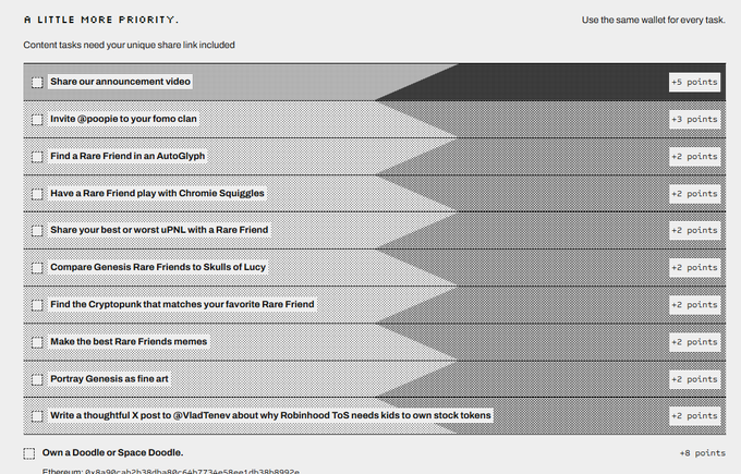A task checklist titled 'A LITTLE MORE PRIORITY' listing content tasks with point values (+2 to +5 points), including tasks like sharing announcement videos and creating Rare Friends memes. An Ethereum address is shown at the bottom.
