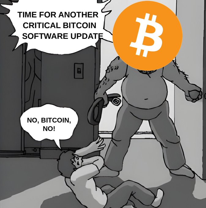 A menacing figure with a Bitcoin logo for a head looms over a cowering person, declaring "TIME FOR ANOTHER CRITICAL BITCOIN SOFTWARE UPDATE," to which the victim protests "NO, BITCOIN, NO!" — humorously illustrating the post's message about another mandatory Core Lightning update on BTCPay Server, where even users resistant to the frequent critical patches must comply.
