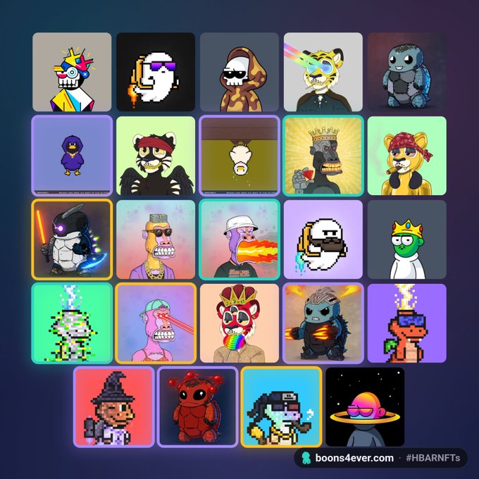 A grid of 22 NFT profile pictures featuring various stylized animal and character designs from boons4ever.com #HBARNFTs.