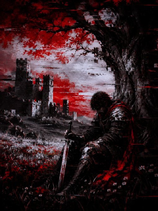 A dark fantasy artwork in red and black tones showing an armored knight sitting under a tree with a sword planted in the ground, while a ruined castle stands in the background among red flowers.