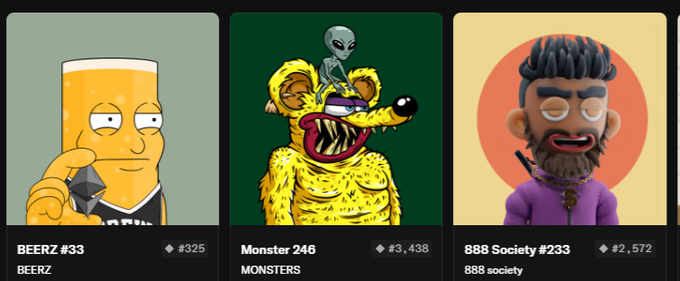 Three NFT character cards are displayed: 'BEERZ #33 BEERZ' showing a beer glass character holding a diamond, 'Monster 246 MONSTERS' featuring a yellow monstrous figure with a small gray alien on its head, and '888 Society #233 888 society' portraying a bearded figure with closed eyes.