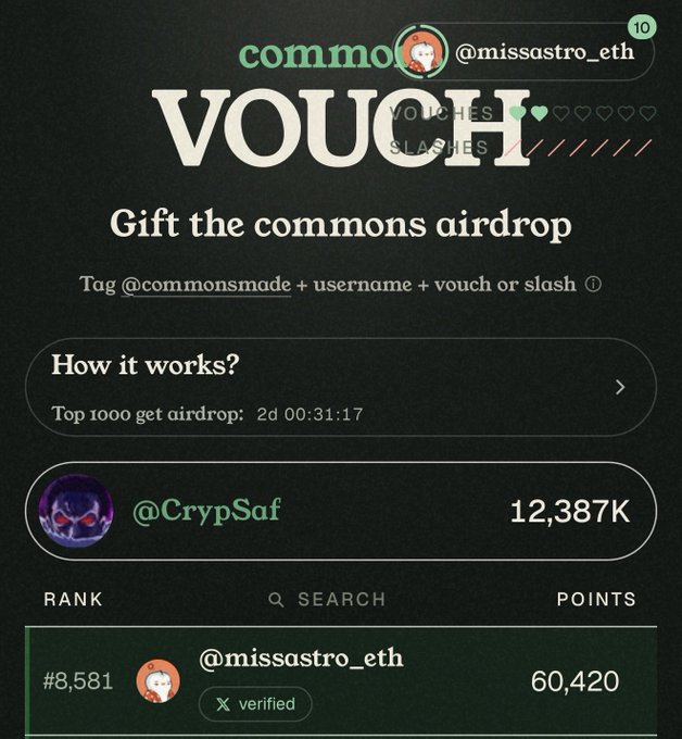A screenshot of a crypto/web3 platform showing a "VOUCH" interface by @missastro_eth with a "commons airdrop" promotion, showing ranks, points, and search functionality.