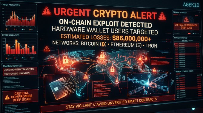 A futuristic red and black cybersecurity dashboard displaying an "URGENT CRYPTO ALERT" warning of an "ON-CHAIN EXPLOIT DETECTED" targeting hardware wallet users with estimated losses over $86,000,000 across Bitcoin, Ethereum, and Tron networks.