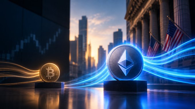 A stylized image of Bitcoin and Ethereum coins displayed on pedestals with glowing blue and orange light trails, set against a cityscape with a stock chart and American flags.
