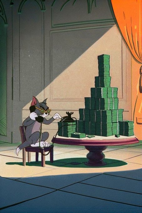 An illustration of a gray cat in an elegant room, sitting on a chair next to a large stack of money on a table, with one hand resting on the cash.
