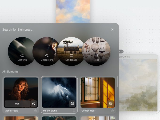 A screenshot of a 'Search for Elements' interface showing circular category buttons for Lighting, Characters, Landscape, and Props, with thumbnail previews labeled 'Mona Fredic', 'Mount Blanc', and 'Golden Hour' in the 'All Elements' section below.