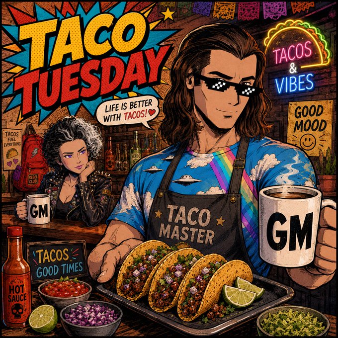 A comic-style illustration shows a "TACO MASTER" wearing pixelated sunglasses and a UFO-patterned shirt, serving a tray of tacos alongside a white-haired woman at a bar, surrounded by neon "TACOS & VIBES" signage and various food items like hot sauce, salsa, lime, and diced onions.

The post relates to the image through the "GM" (good morning) text visible on both mugs and the woman's shirt, tying the taco-themed artwork to the crypto trading community's morning greeting ritual while the tacos themselves playfully represent the "Jarvis cooking" trading process mentioned.