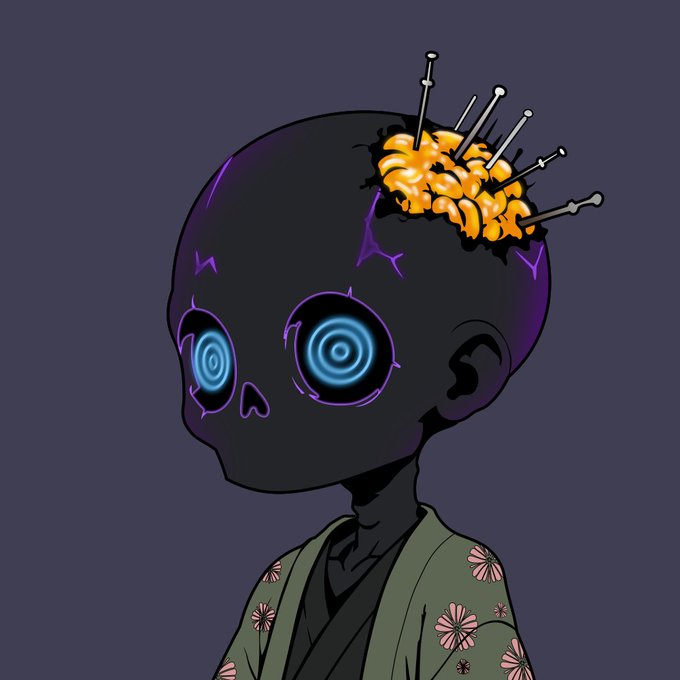 A digital illustration of a dark, stylized humanoid figure with glowing blue spiral eyes, purple energy cracks, and an exposed orange brain pierced by multiple nails, wearing a green floral kimono.