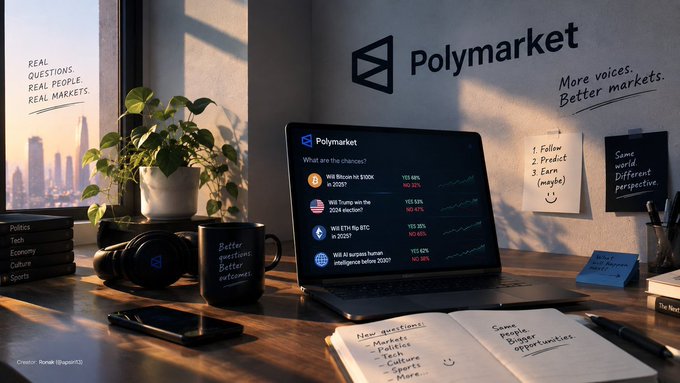 A promotional image for 'Polymarket' showing a desk setup with a laptop displaying prediction markets (including 'Will Bitcoin hit $100K in 2025?', 'Will Trump win the 2024 election?', 'Will ETH dip to BTC in 2026?'), a coffee mug, headphones, and notes about 'REAL QUESTIONS. REAL PEOPLE. REAL MARKETS' and 'More voices. Better markets.'