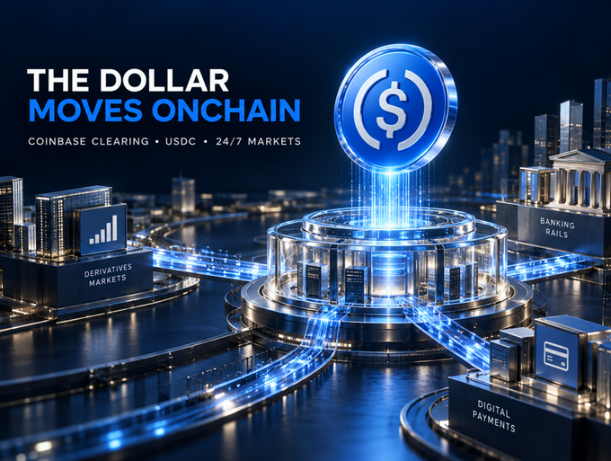 A digital advertisement featuring a glowing blue dollar sign on a platform, with text 'THE DOLLAR MOVES ONCHAIN', 'COINBASE CLEARING • USDC • 24/7 MARKETS', and labels like 'DERIVATIVES MARKETS', 'BANKING RAILS', and 'DIGITAL PAYMENTS'.