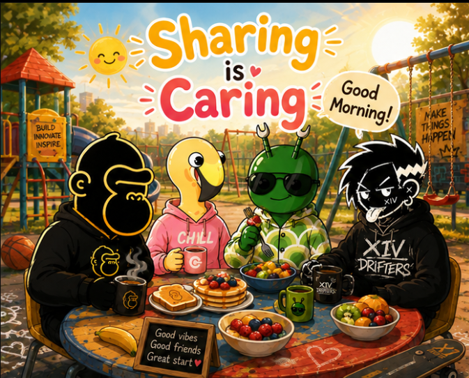 A colorful cartoon illustration of four stylized characters—a monkey, a one-eyed figure, a green alien, and a punk—sitting at a table with breakfast food, under the text 'Sharing is Caring' and 'Good Morning!'.