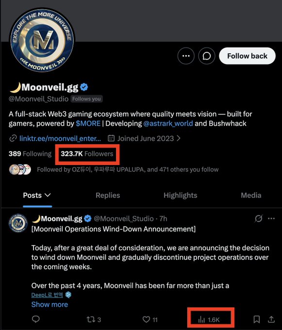 The image shows a Twitter post about a web3 project that has shut down, with a screenshot of the post's content. The post includes a list of followers and mentions the project's node holders who have already spent 557 years trying to break even. The post also highlights how many views they've had on their announcement.