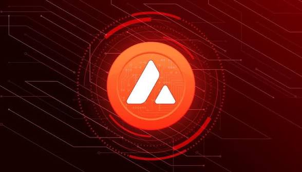 A digital graphic displays a glowing orange circular icon with a white triangular 'A' logo (Avalanche/AVAX) set against a dark red background featuring circuit-board-like lines.