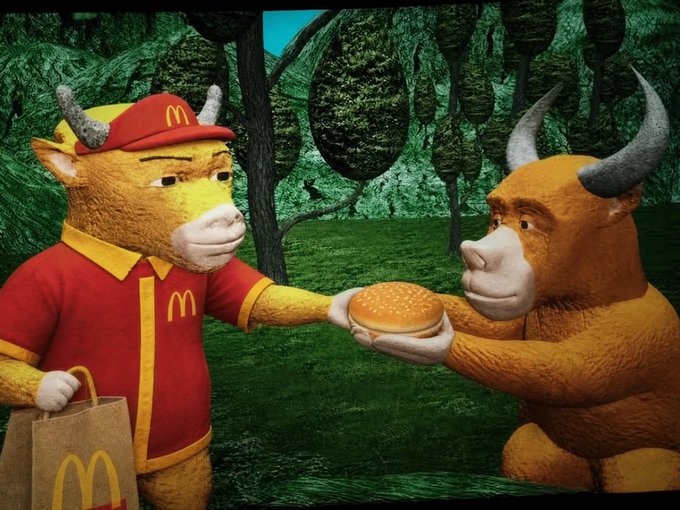 A McDonald's mascot cow wearing a red cap and uniform with the golden "M" logo hands a hamburger to a bullish creature with horns in a surreal, green landscape, tying into the post's playful reference to a "bull" (牛) watching McDonald's stock.