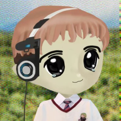 A chibi-style animated character with brown hair, large teary eyes, and headphones, wearing a school uniform with a red and white striped tie.