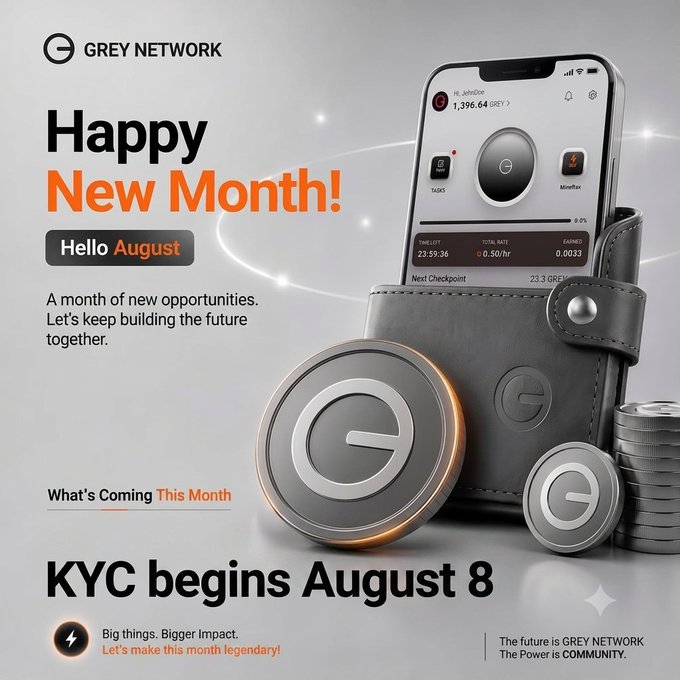 A "Happy New Month!" promotional image from Grey Network announcing August milestones, featuring a smartphone displaying a mining dashboard (1,396.64 GREY balance, 0.50/hr rate), Grey Network coins, and a leather wallet, with text announcing "KYC begins August 8" alongside messaging about building the future together.