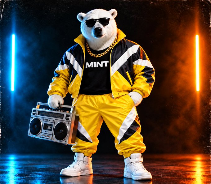 An anthropomorphic polar bear wearing sunglasses, a gold chain, and a yellow-and-black tracksuit with 'MINT' printed on the shirt stands holding a boombox against a neon-lit backdrop.