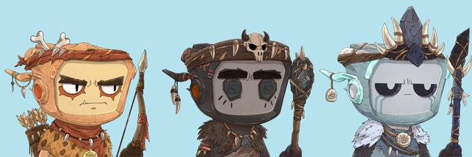 Three cartoon-style tribal warriors with stylized skull helmets and primitive weapons stand against a light blue background, matching the post's praise of prehistoric-themed NFT artwork that the user hopes to open in its rare 1/1 edition.