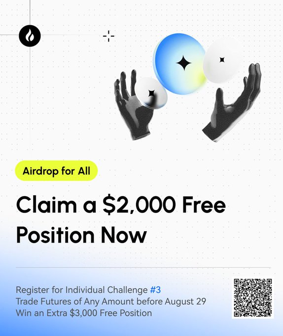 The image is a promotional graphic featuring two black-gloved hands reaching toward floating blue and white orbs adorned with sparkle icons, alongside the text "Airdrop for All: Claim a $2,000 Free Position Now." It advertises Individual Challenge #3, inviting users to trade futures before August 29 to win an extra $3,000 free position, with a QR code in the bottom right corner for registration.