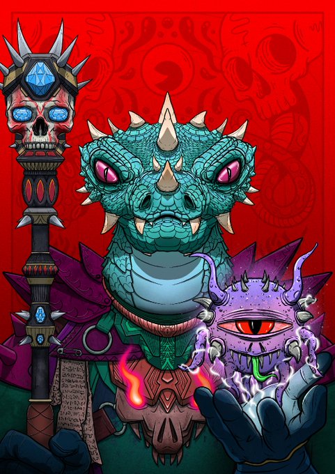 A digital illustration of a reptilian creature with teal scales and pink eyes, wearing purple armor and holding a skull-topped staff in one hand and a purple eye creature in the other, against a red dragon-patterned background.