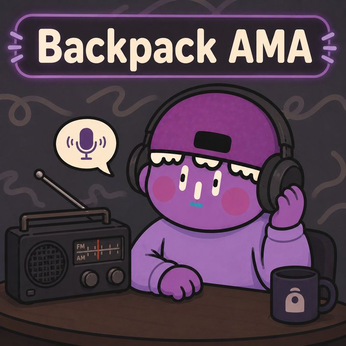 A purple cartoon character wearing headphones sits next to a radio with a microphone icon in a speech bubble, under a neon sign reading 'Backpack AMA'.