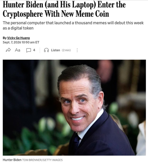 A news article headline dated September 7, 2026 announces "Hunter Biden (and His Laptop) Enter the Cryptosphere With New Meme Coin," featuring a Getty Images photo (by Tom Brenner) of a smiling Hunter Biden in a suit. The article accompanies a post announcing the launch of a "LAPTOP" memecoin on Coinbase's Base chain, set to release one billion tokens on September 9.