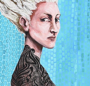 A painted portrait of a pale-skinned woman with platinum blonde hair, dark lips, and an ornate black lace collar set against a textured turquoise background.