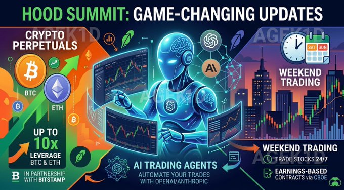 A promotional banner titled 'HOOD SUMMIT: GAME-CHANGING UPDATES' featuring an AI robot, with sections on 'CRYPTO PERPETUALS' (BTC & ETH up to 10x leverage, in partnership with Bitstamp), 'AI TRADING AGENTS' (powered by OpenAI/Anthropic), and 'WEEKEND TRADING' (trade stocks 24/7, earnings-based contracts via CBOE).