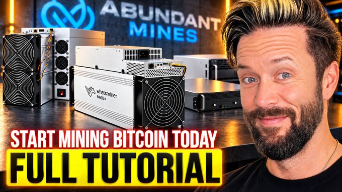 A YouTube thumbnail featuring a bearded man next to cryptocurrency mining hardware (Whatsminer M60S+) with text reading 'ABUNDANT MINES', 'START MINING BITCOIN TODAY', and 'FULL TUTORIAL'.