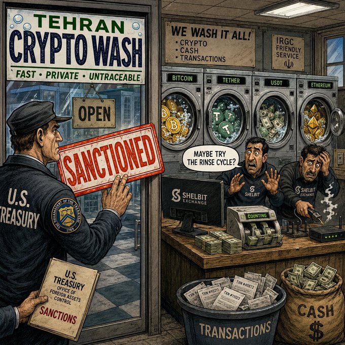 A U.S. Treasury agent places a "SANCTIONED" sign on the door of "TEHRAN CRYPTO WASH," where panicked workers are using washing machines filled with Bitcoin, Tether, USDT, and Ethereum to launder money. The image directly illustrates the caption's point about Iranian-linked crypto exchanges being sanctioned for helping to move money tied to Tehran and the IRGC.