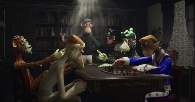 A stop-motion animated scene featuring puppet characters, including a monkey in a "BAX" cap, gathered around a table playing chess in a dimly lit library.