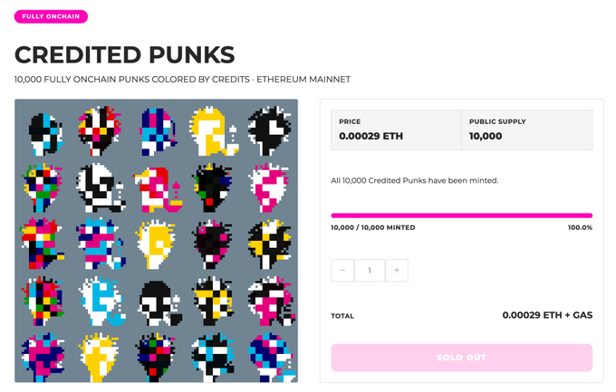 A webpage for 'CREDITED PUNKS' by Fully Onchain showing a collection of 10,000 pixel-art character NFTs colored by credits, which are 100% minted and sold out at 0.00029 ETH each.