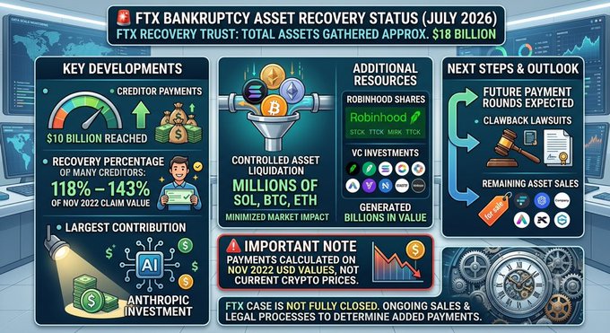An infographic titled "FTX Bankruptcy Asset Recovery Status (July 2026)" detailing the FTX Recovery Trust's $18 billion in gathered assets, including key developments like $10 billion in creditor payments (118%-143% of Nov 2022 claim value), controlled liquidation of millions in SOL, BTC, and ETH, Robinhood and VC investments, and future clawback lawsuits. The image visually reinforces the post's highlights about the successful recovery efforts and creditor distributions.