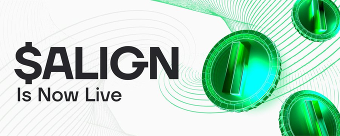 A promotional banner announcing "$ALIGN Is Now Live" alongside stylized green token graphics, relating to the post by hinting that Aligned's native token, $ALIGN, has launched in connection with their airdrop claim.