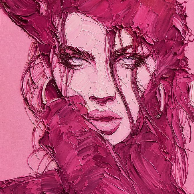 An expressive impasto-style oil painting portrait of a woman with striking eyes, rendered in thick pink and magenta paint textures.