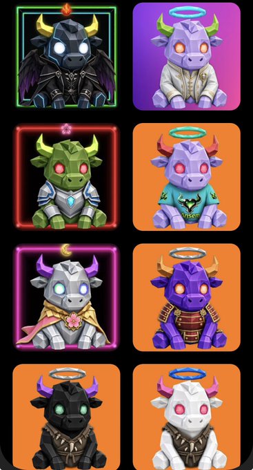 A grid of eight stylized cartoon NFT-style bull creatures in various colors (black, purple, green, white) with glowing eyes, horns, and accessories like halos and capes.