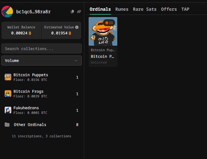 A cryptocurrency wallet interface showing a Bitcoin Ordinals collection with a wallet balance of 0.00024 B and estimated value of 0.01954 B, featuring a "Bitcoin Pup..." item and collections including Bitcoin Puppets, Bitcoin Frogs, and Fukuhedrons.