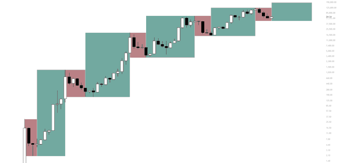 A log-scale candlestick chart with overlaid pink (bearish) and teal (bullish) boxes showing BTC's price progression in stepped, stair-like pattern from around $4 up to ~$170,000, visually reinforcing the post's claim that Bitcoin has been in a sustained 17-year bull market with each successive rally breaking above the prior range.